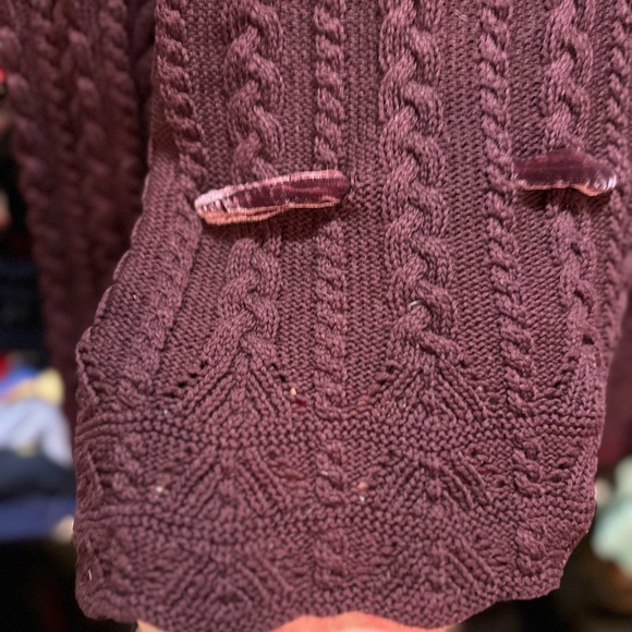 Ralph Lauren Maroon Cable Knit Sweater Cardigan Velvet Belt Large Bell Sleeve - Picture 6 of 8